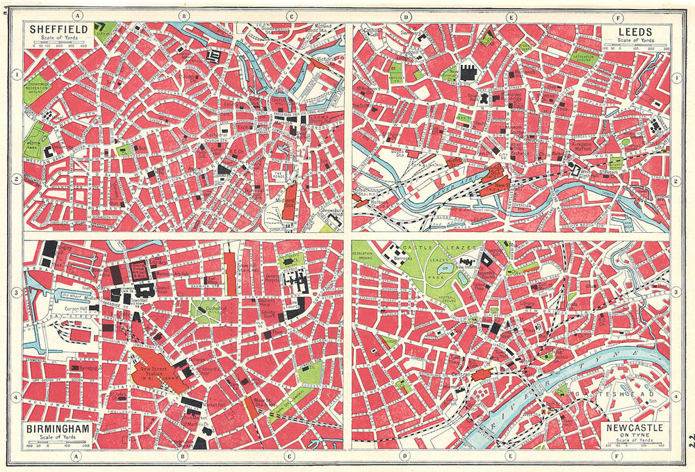ENGLAND. Sheffield Birmingham Leeds Newcastle town plans. HARMSWORTH 1920 map