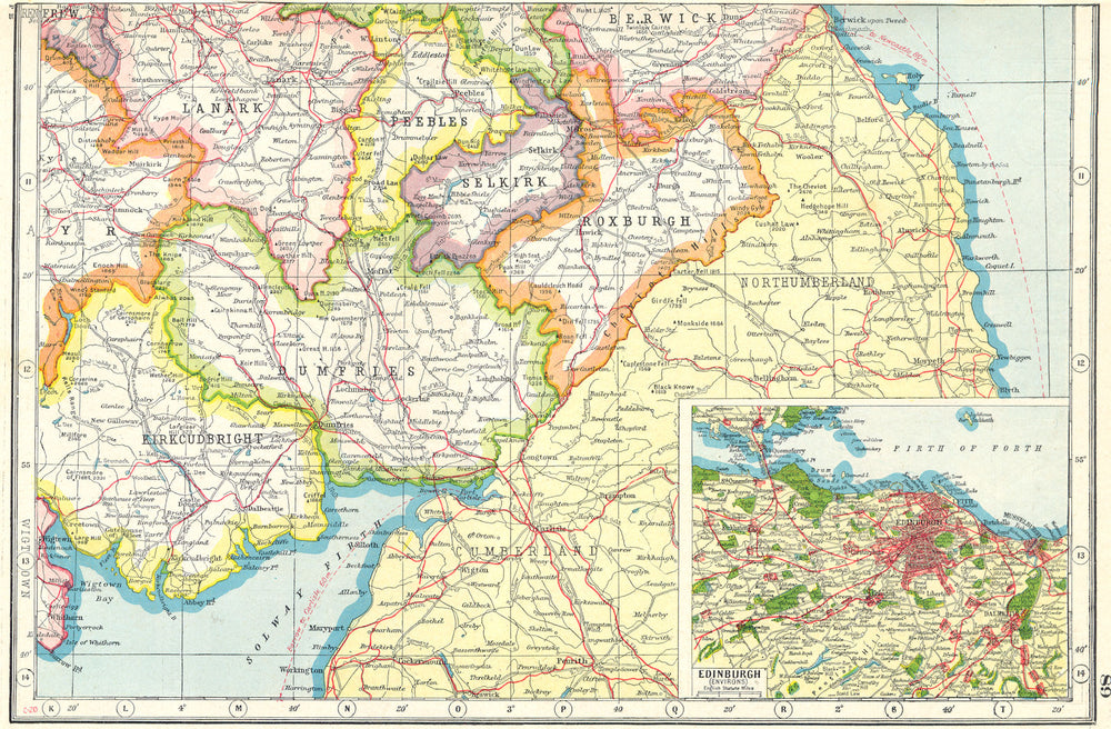 SCOTLAND. Borders. Dumfries Roxburgh Selkirk Peebles;Inset Edinburgh 1920 map