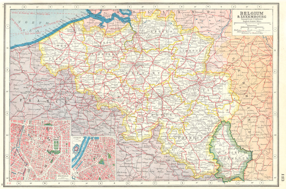 BELGIUM & LUXEMBOURG. Railways canals. Inset Brussels & Antwerp plans 1920 map