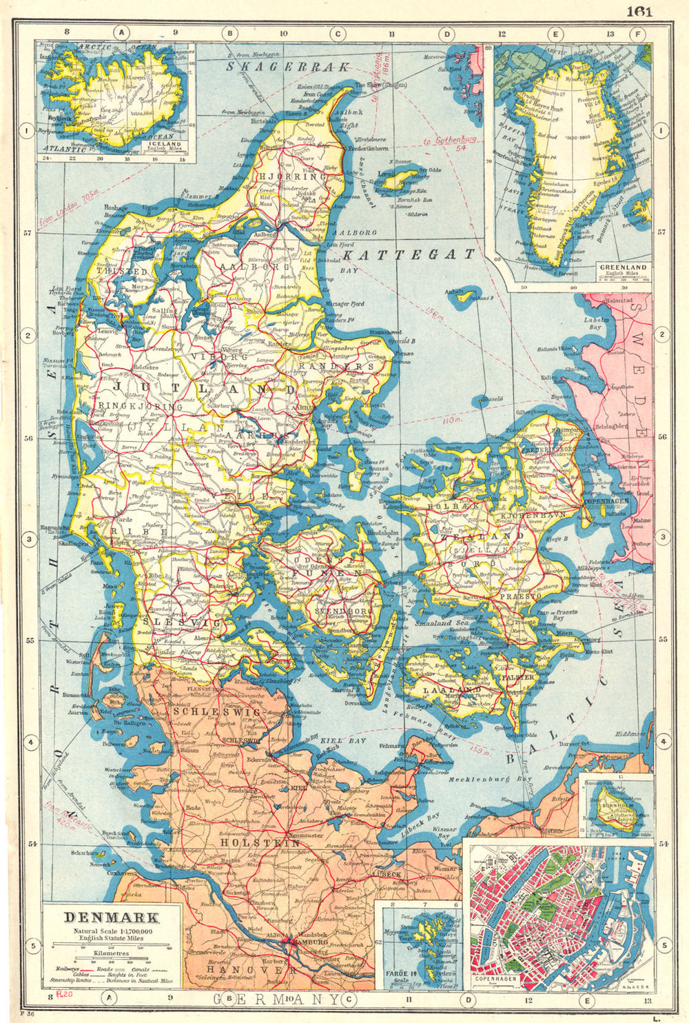 DENMARK. inset Iceland Greenland Faroe islands Copenhagen Bornholm 1920 map