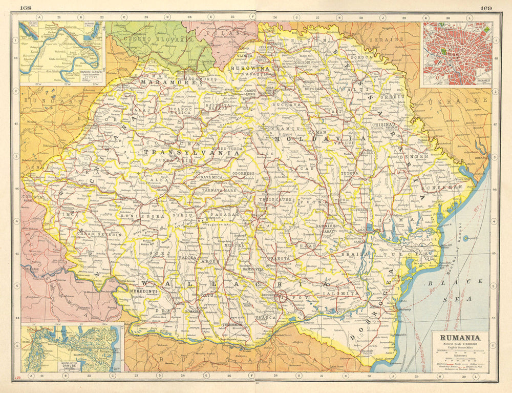 ROMANIA. Rumania; inset Bucharest; gorges & mouths of the Danube 1920 old map