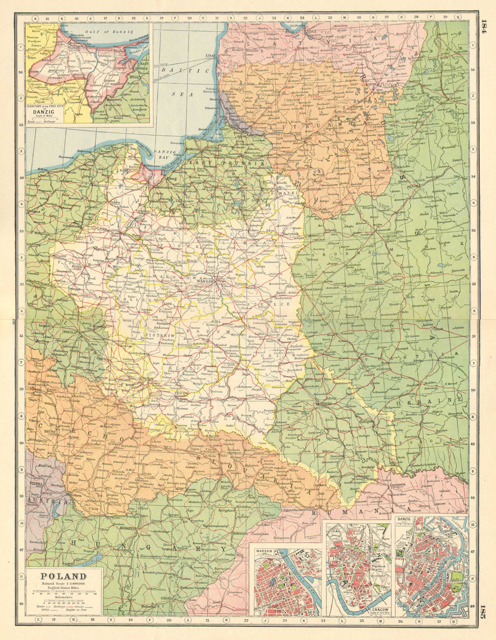 POLAND. inset plans of Danzig Gdansk Warsaw Kraków Cracow.East Prussia 1920 map