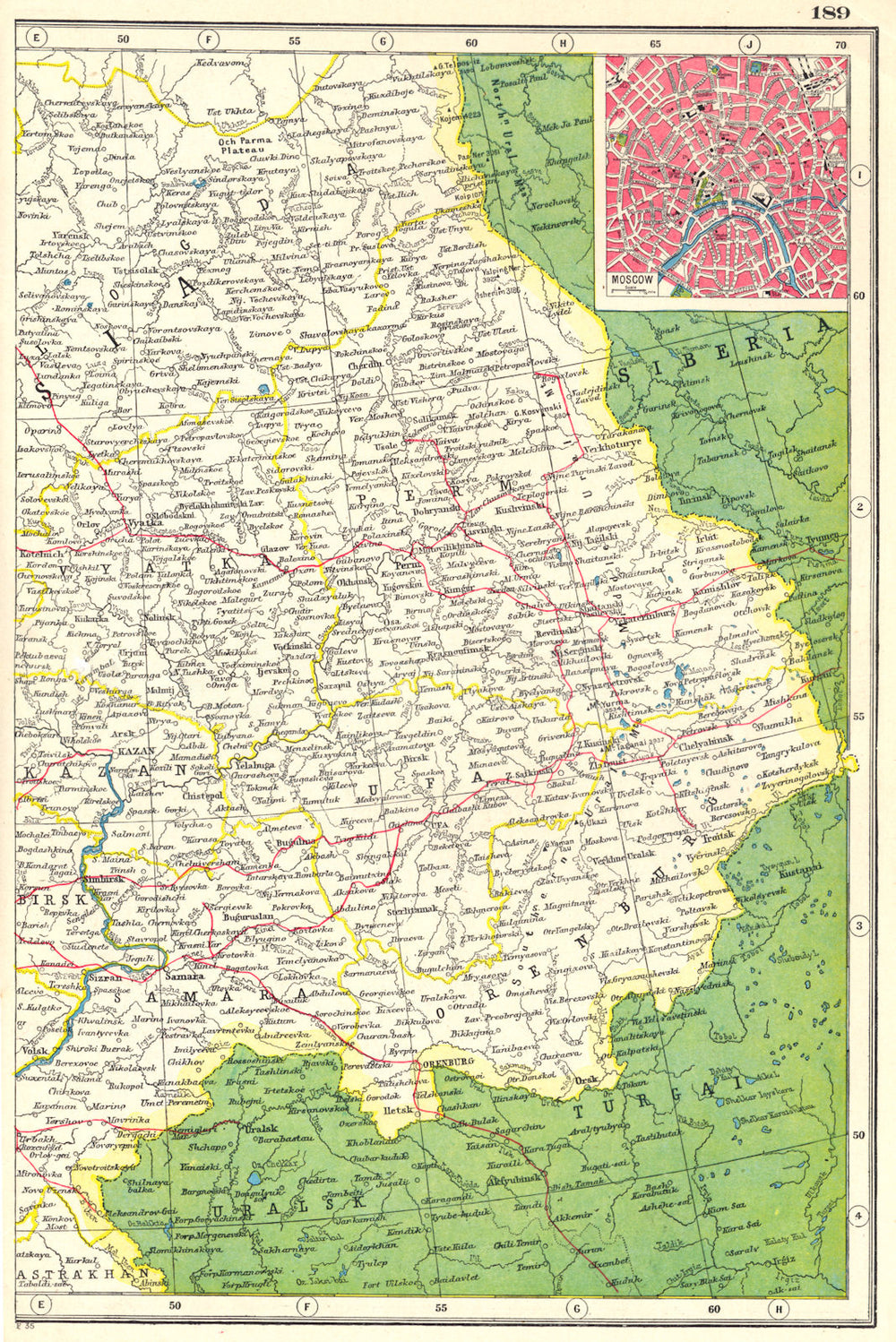 EUROPEAN RUSSIA EAST. Railways. Inset plan of Moscow. HARMSWORTH 1920 old map