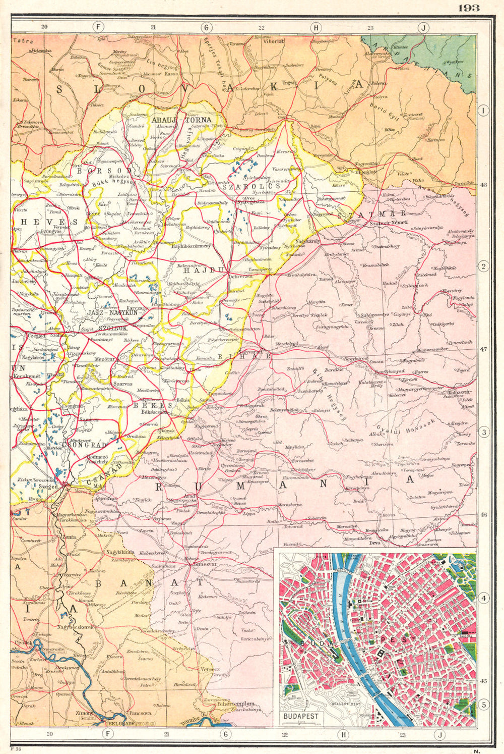 HUNGARY EAST. Railways. Inset Budapest plan. HARMSWORTH 1920 old antique map