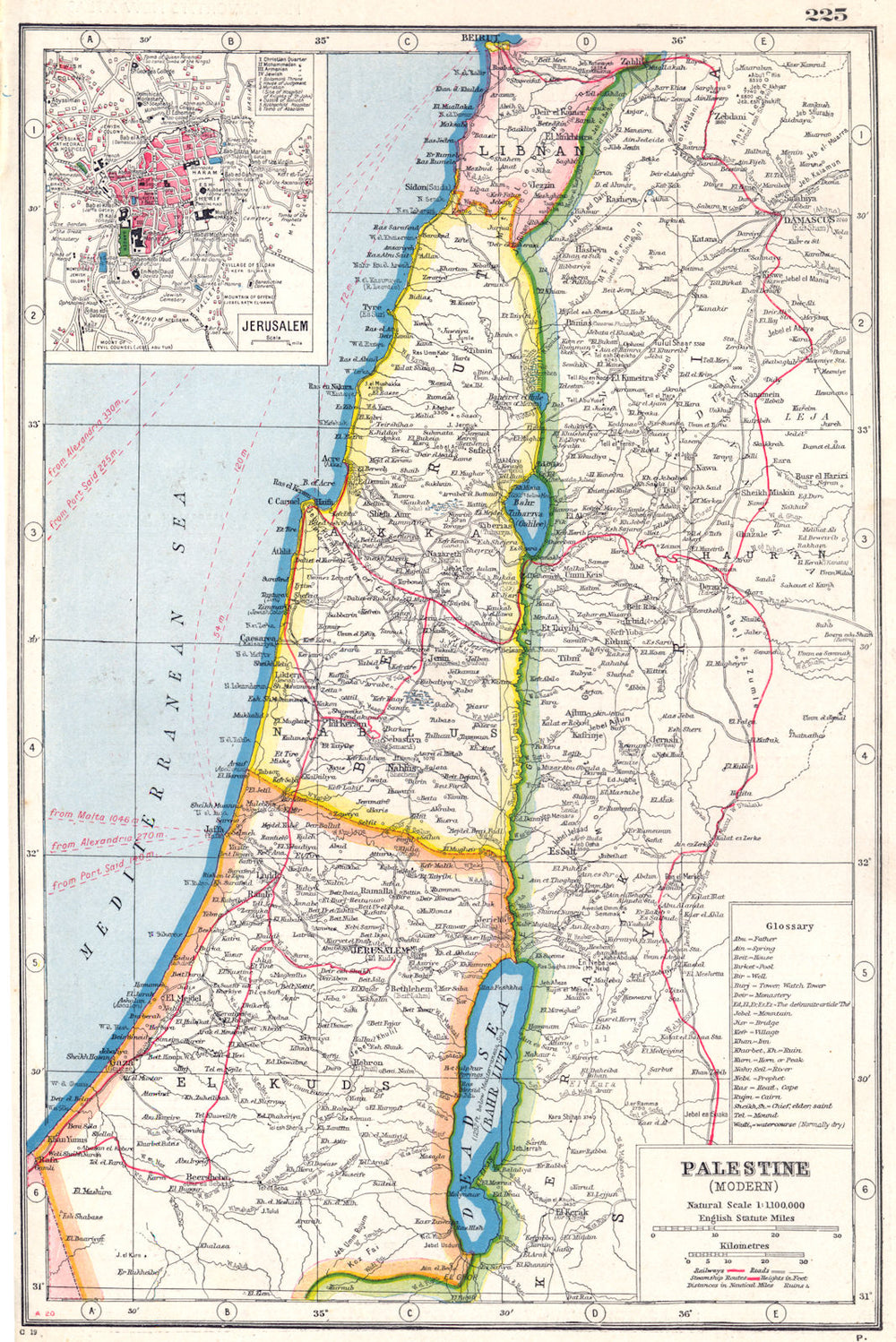 ISRAEL LEBANON.Palestine Modern. Libnan Beirut; inset Jerusalem 1920 old map