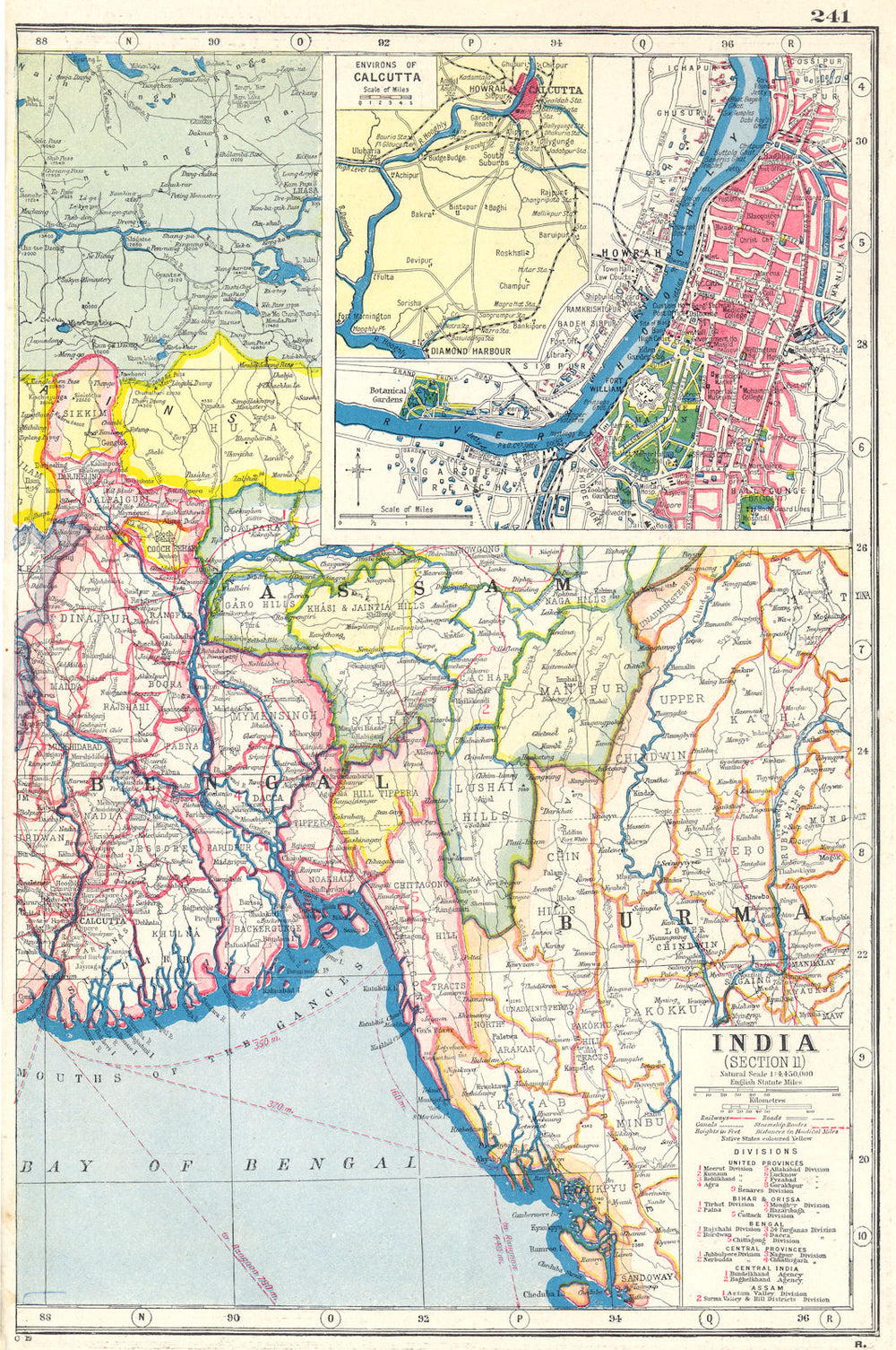 Old Map Inset BANGLADESH. Bengal Burma; inset Calcutta Kolkata city & area 1920 old ...