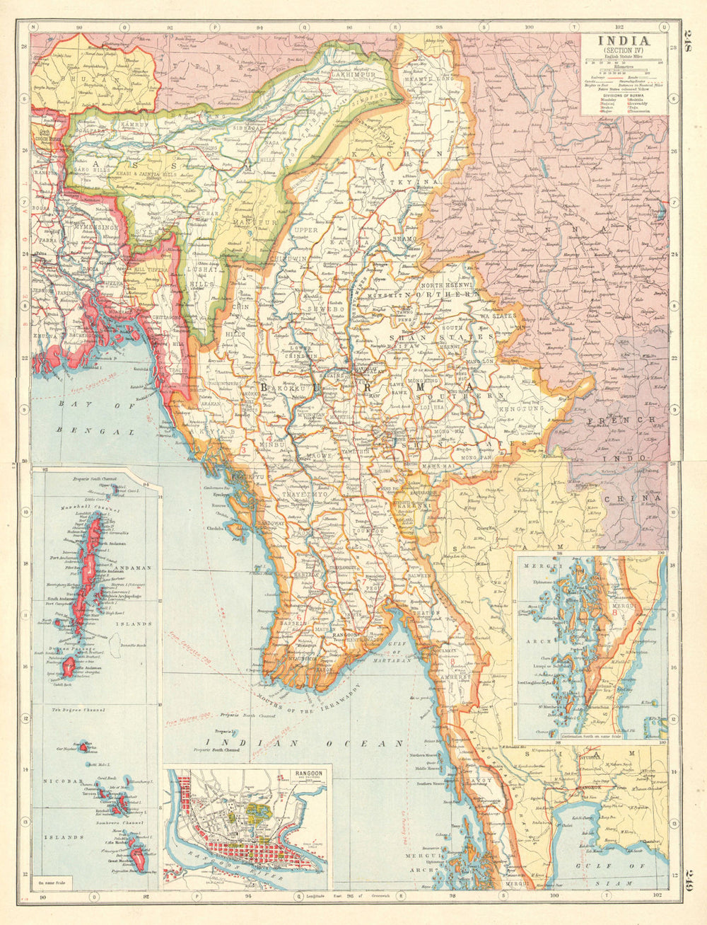 BURMA MYANMAR. inset Rangoon Mergui Andaman Nicobar Islands 1920 old map
