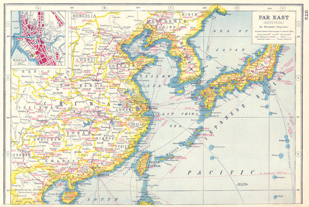 EAST ASIA AGRICULTURAL/MINERAL PRODUCTS.China Japan Korea.Manila plan 1920 map