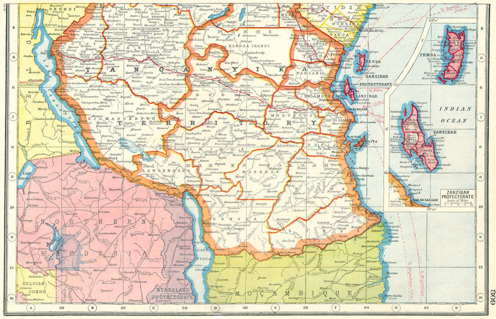 TANZANIA. Tanganyika Territory; Inset Zanzibar protectorate 1920 old map