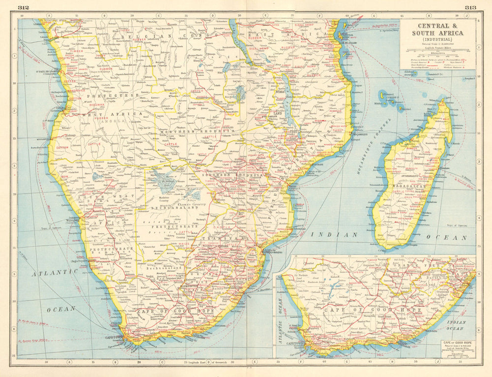 SOUTHERN AFRICA AGRICULTURAL/MINERAL PRODUCTS. Diamonds Gold Ivory &c 1920 map