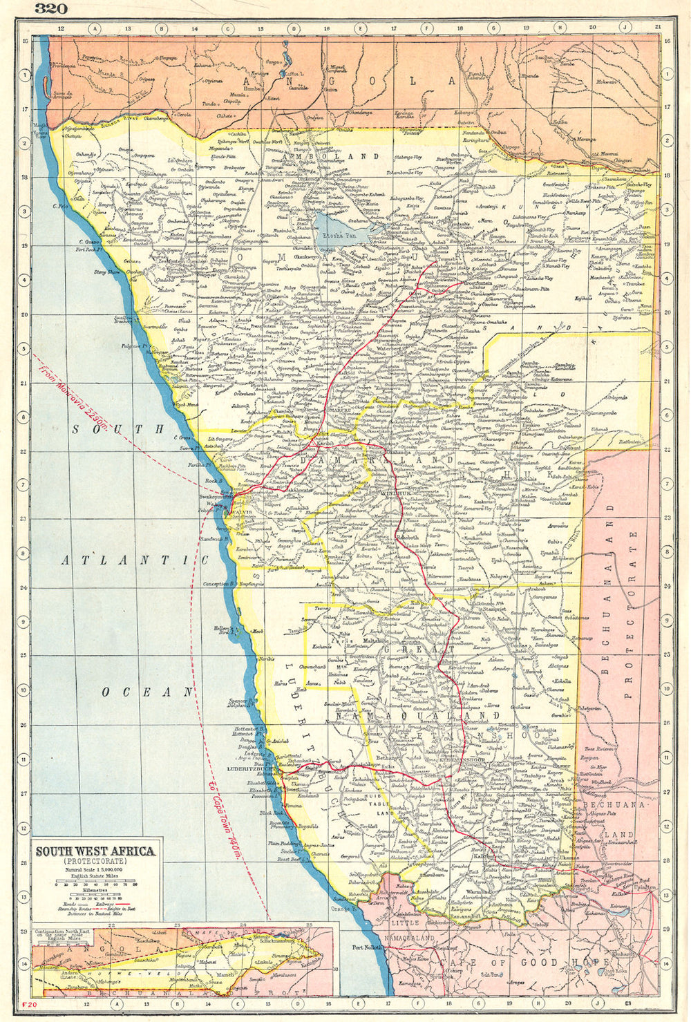 NAMIBIA. South West Africa protectorate. HARMSWORTH 1920 old antique map chart