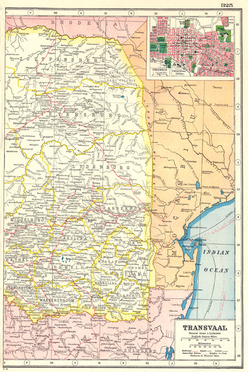 TRANSVAAL EAST. SOUTH AFRICA. Inset town plan of Pretoria. Railways 1920 map