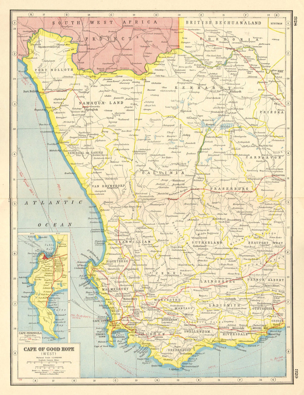 WESTERN CAPE/CAPE OF GOOD HOPE.Inset Cape Peninsula.Cape Town.Railways 1920 map