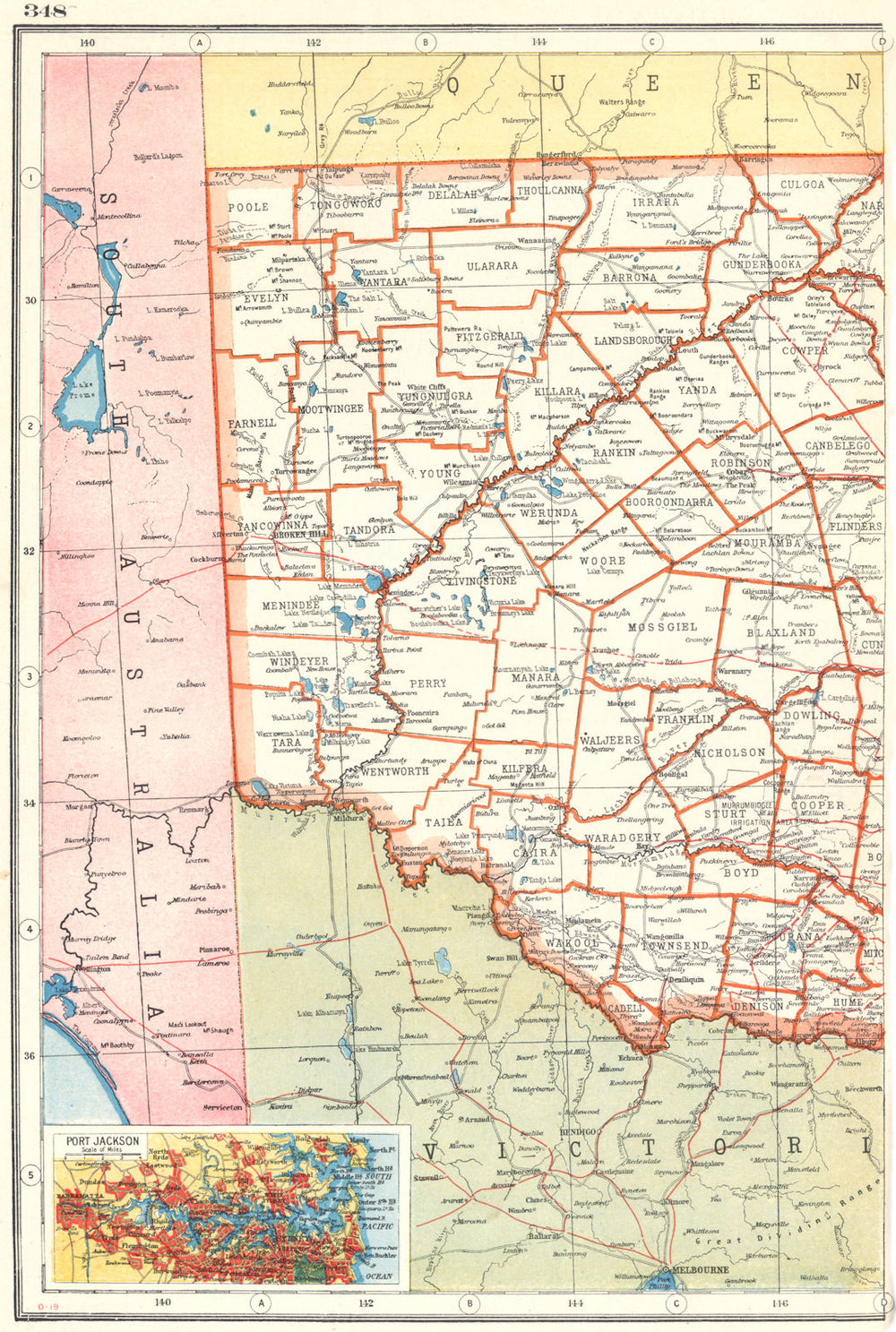 NEW SOUTH WALES WEST. Counties. Railways. Inset Sydney. Australia 1920 old map