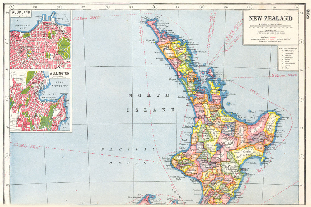 NEW ZEALAND NORTH ISLAND.Inset plans of Auckland & Wellington.Counties 1920 map