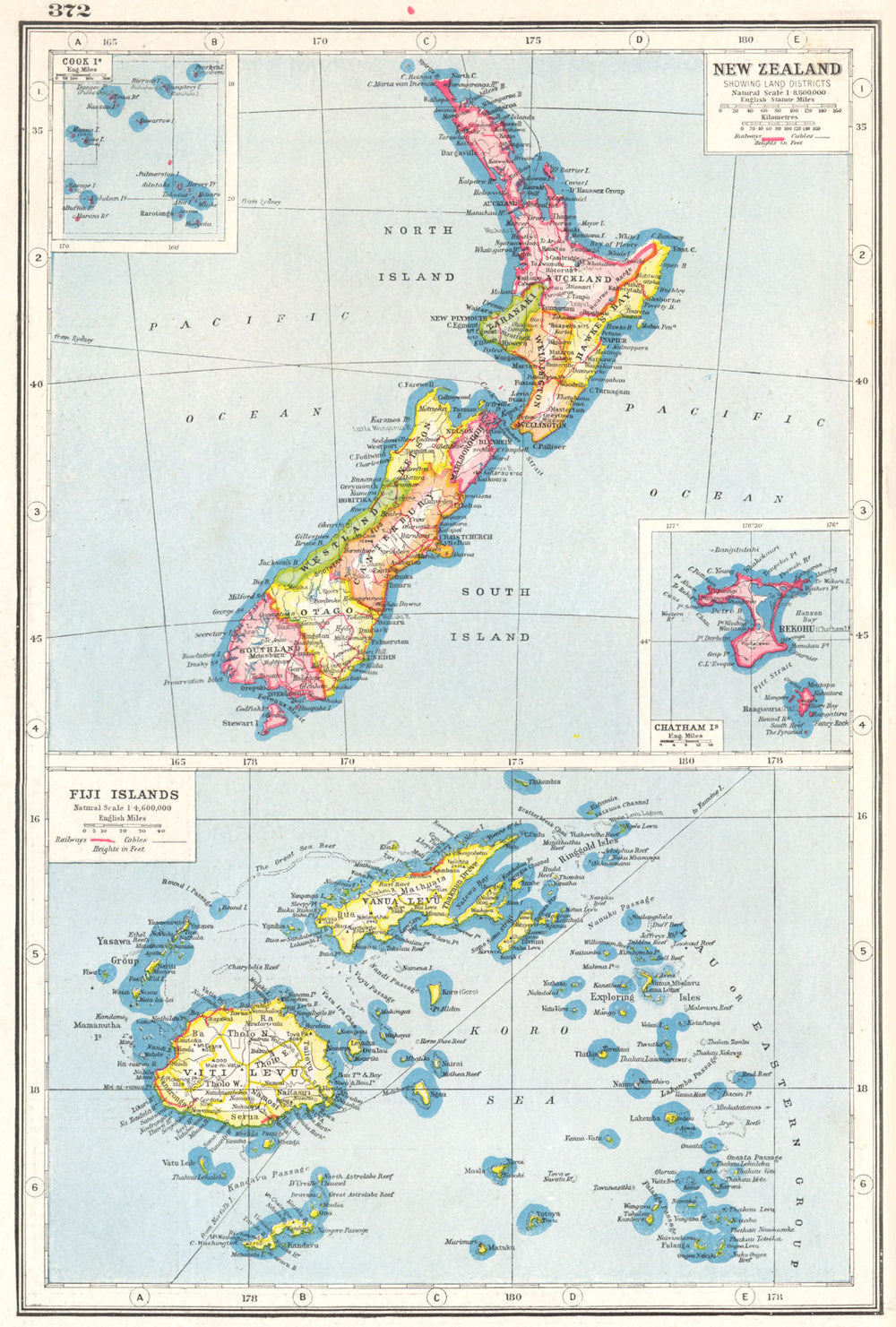 NEW ZEALAND. showing Land districts; Fiji Cook Chatham islands. Rail. 1920 map