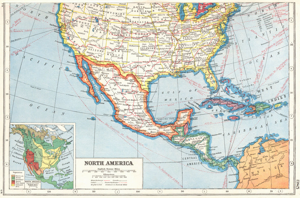 NORTH AMERICA. Southern United States & Mexico ;inset Vegetation 1920 old map