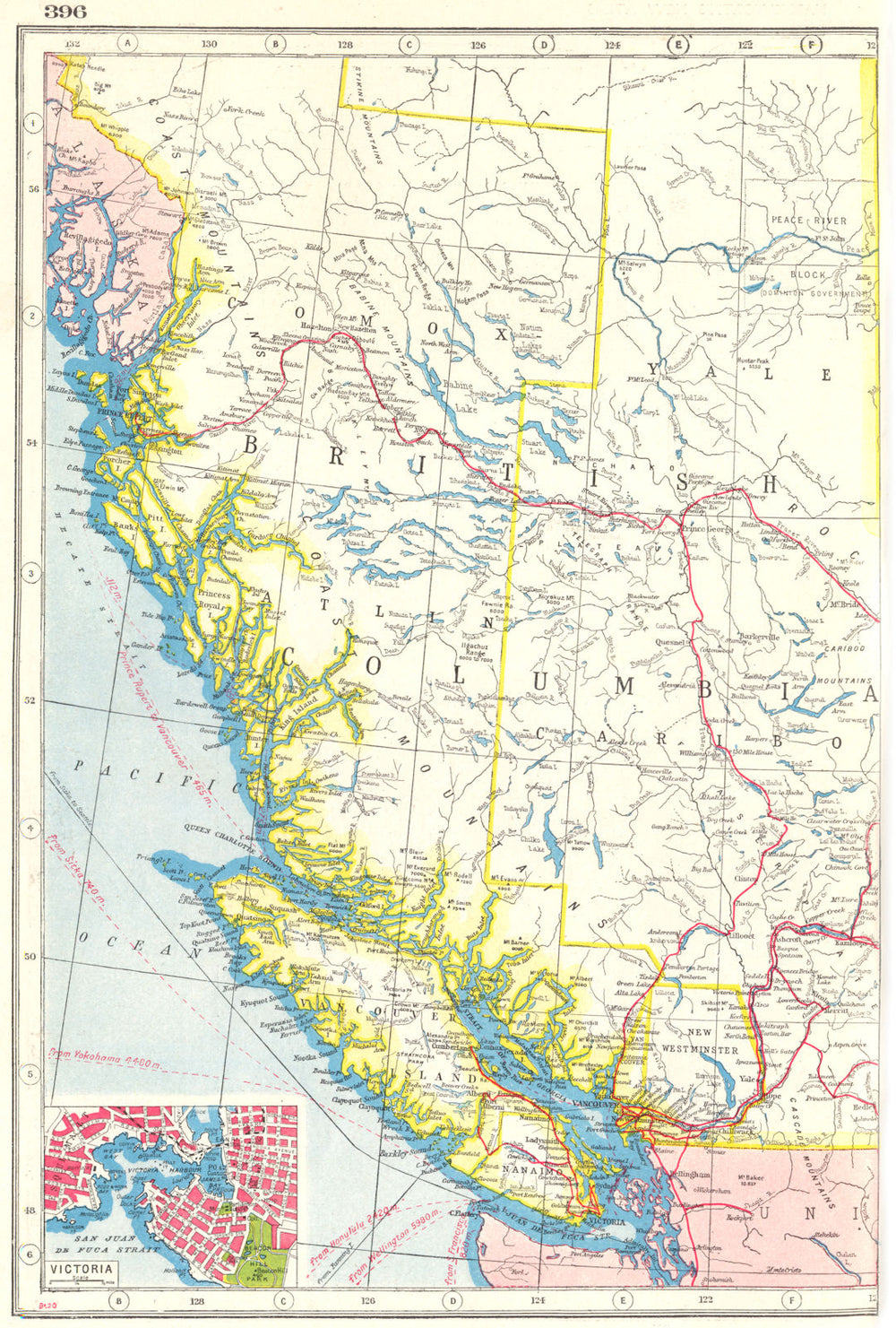 BRITISH COLUMBIA. Railways & telegraph cables. Inset plan of Victoria 1920 map