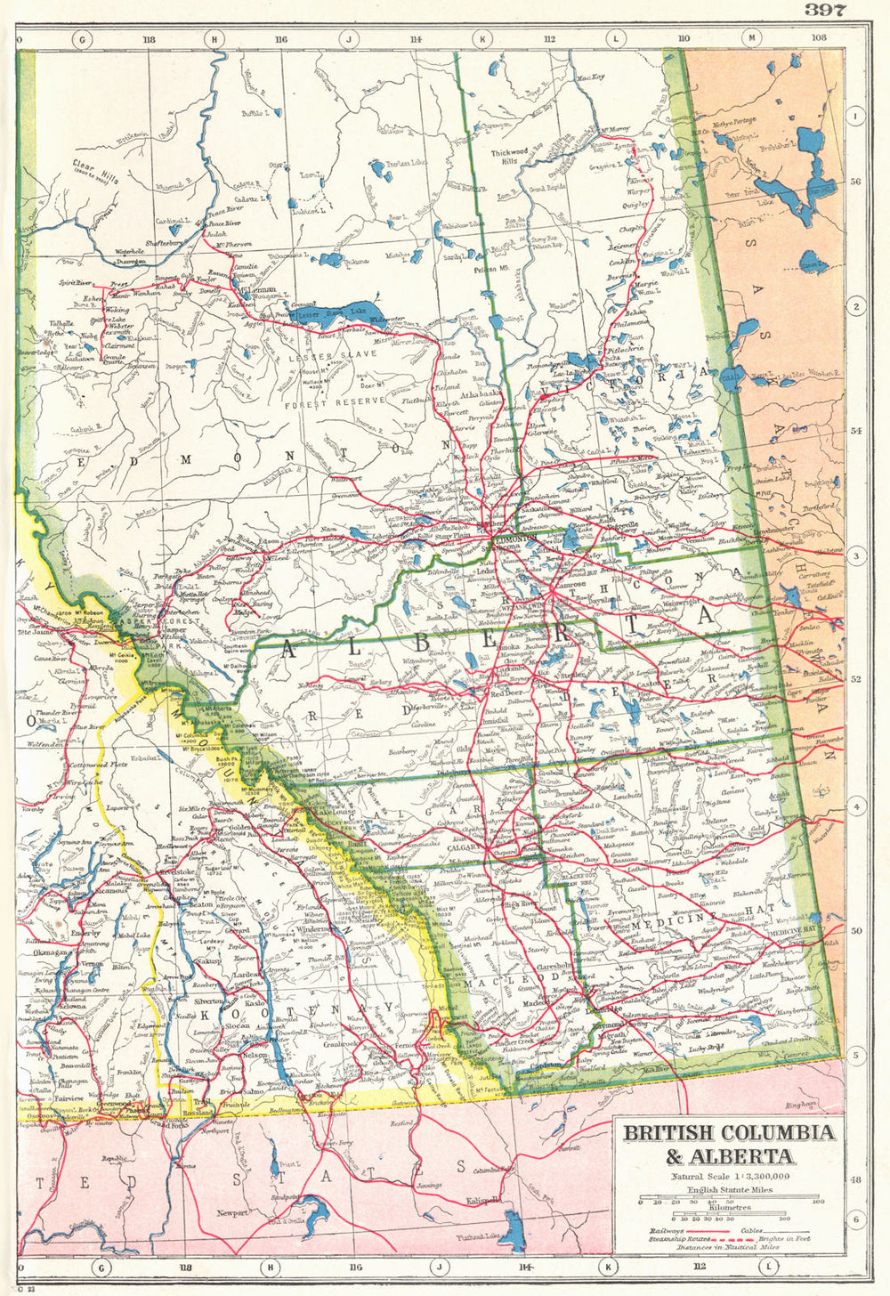 ALBERTA. Showing railways & part of British Columbia. Canada 1920 old map