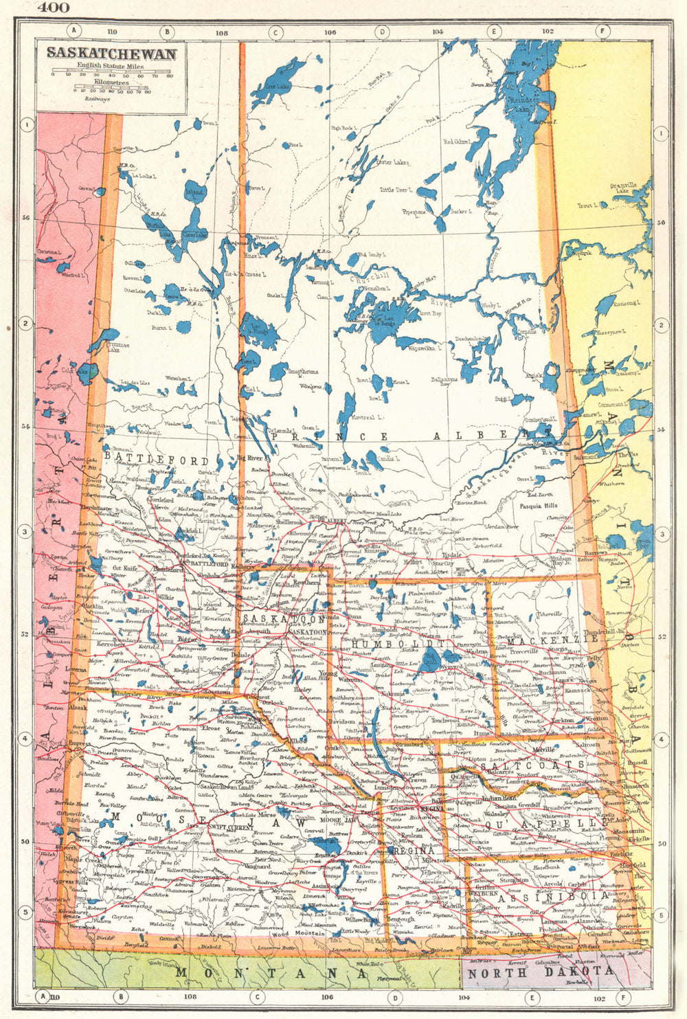 SASKATCHEWAN. Showing railways. Canada. HARMSWORTH 1920 old antique map chart