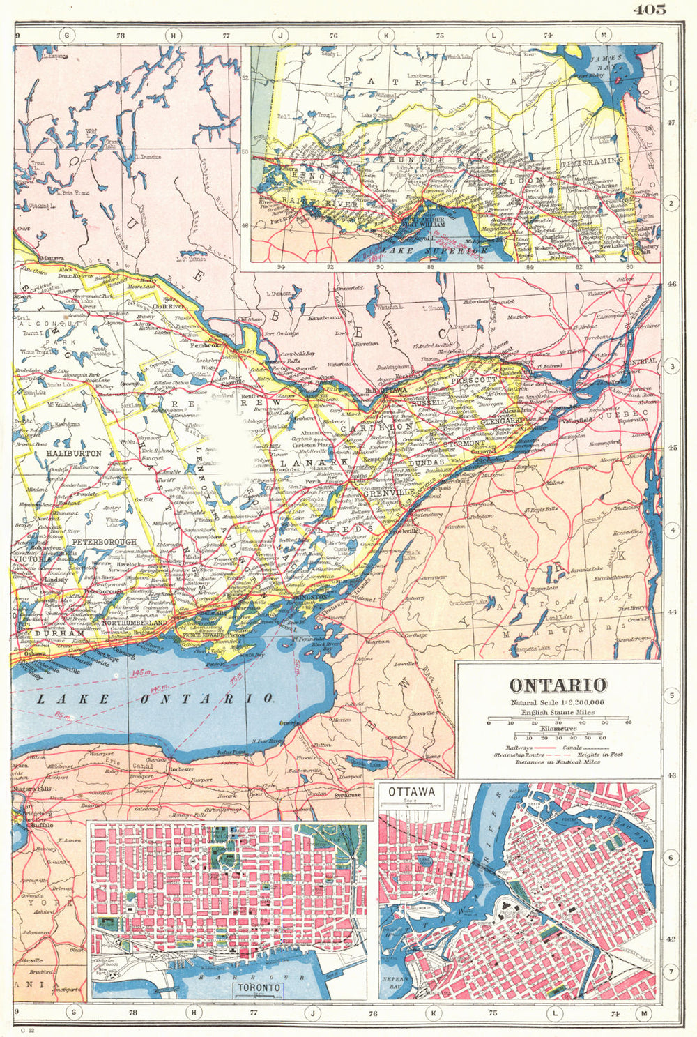 ONTARIO EAST. Inset plans of Toronto, Ottawa. HARMSWORTH 1920 old antique map