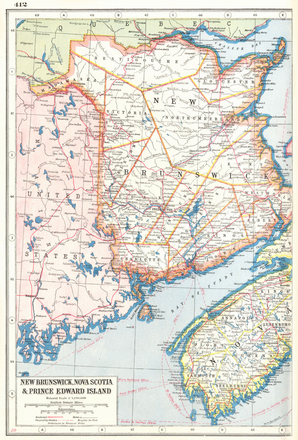 NEW BRUNSWICK. & Nova Scotia West. Canada. Railways. HARMSWORTH 1920 old map