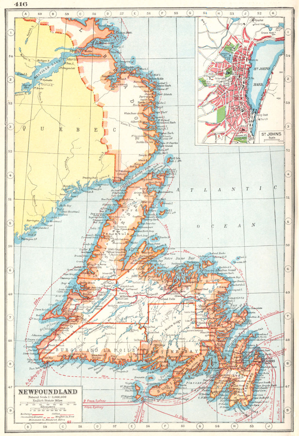 NEWFOUNDLAND. inset St Johns. Canada. HARMSWORTH 1920 old antique map chart