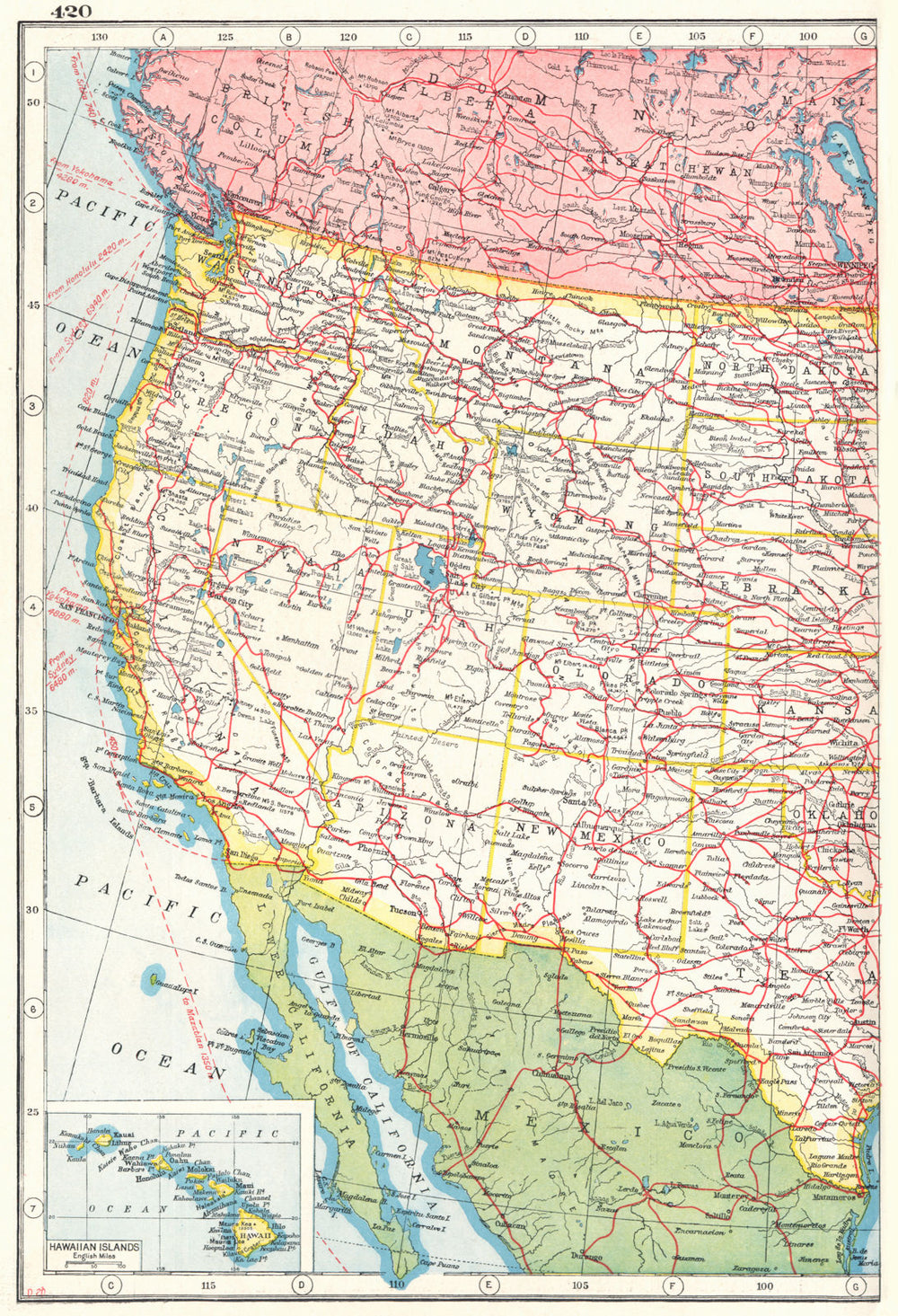 UNITED STATES WEST RAILWAYS.Roads canals steamship routes;Inset Hawaii 1920 map