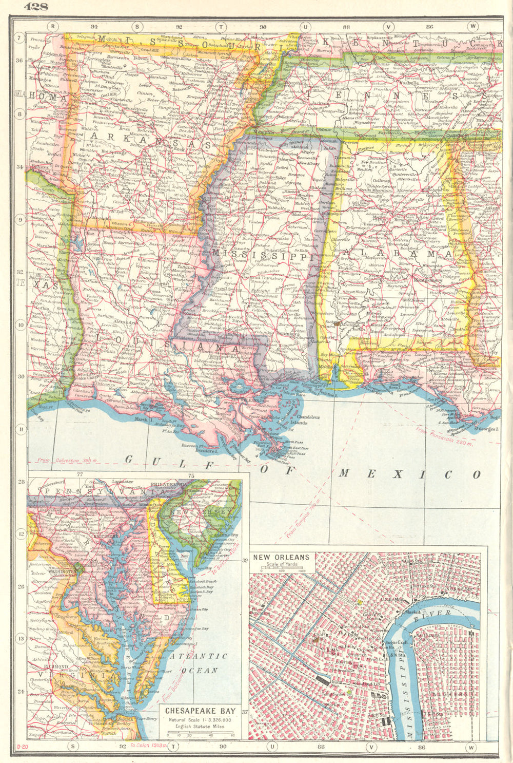 USA. Alabama Mississippi Louisiana Arkansas.Chesapeake Bay;New Orleans 1920 map