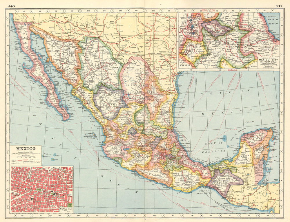 Old Map Inset MEXICO. Inset Mexico City plan; Mexico City-Veracruz district 1920 old ...