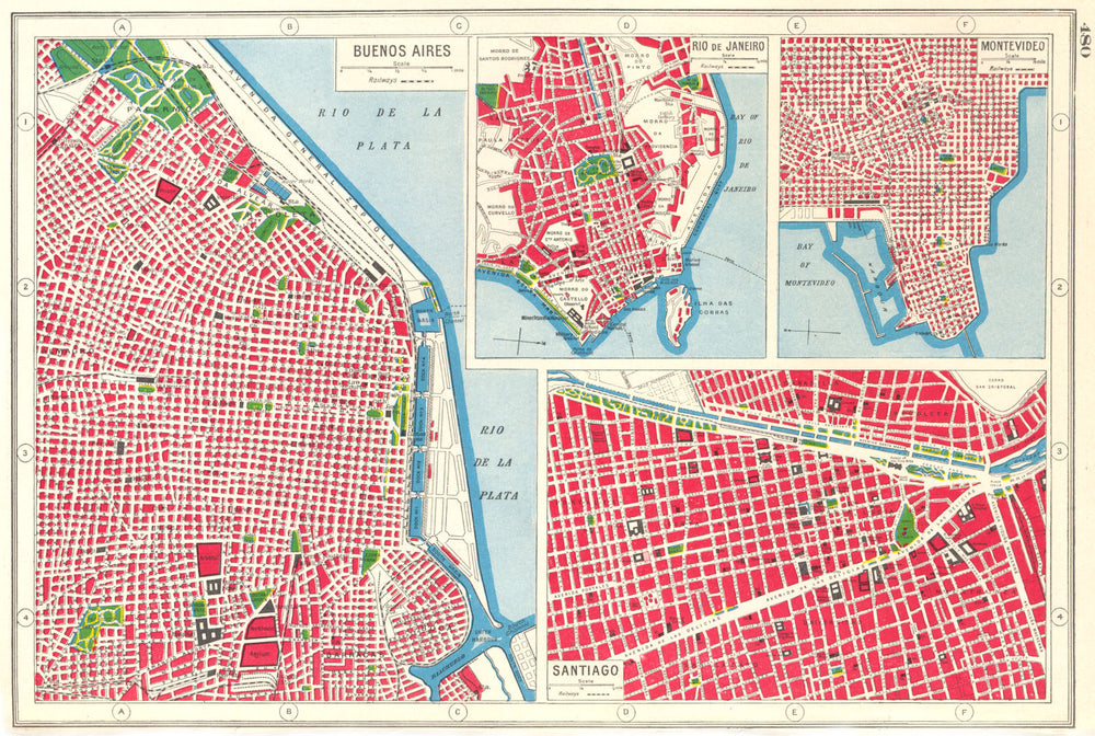 SOUTH AMERICAN CITIES. Buenos Aires Rio de Janeiro Montevideo Santiago 1920 map