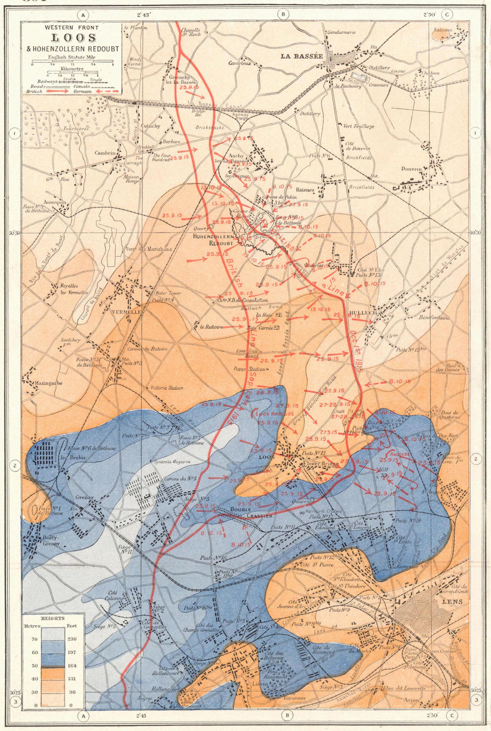 WORLD WAR 1.Western Front Loos Hohenzollern Redoubt 1915 battle lines 1920 map