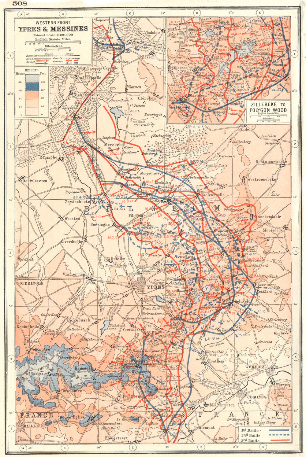 WESTERN FRONT.Ypres Messines;Zillebeke-Polygon Wood. 1917 battle lines 1920 map