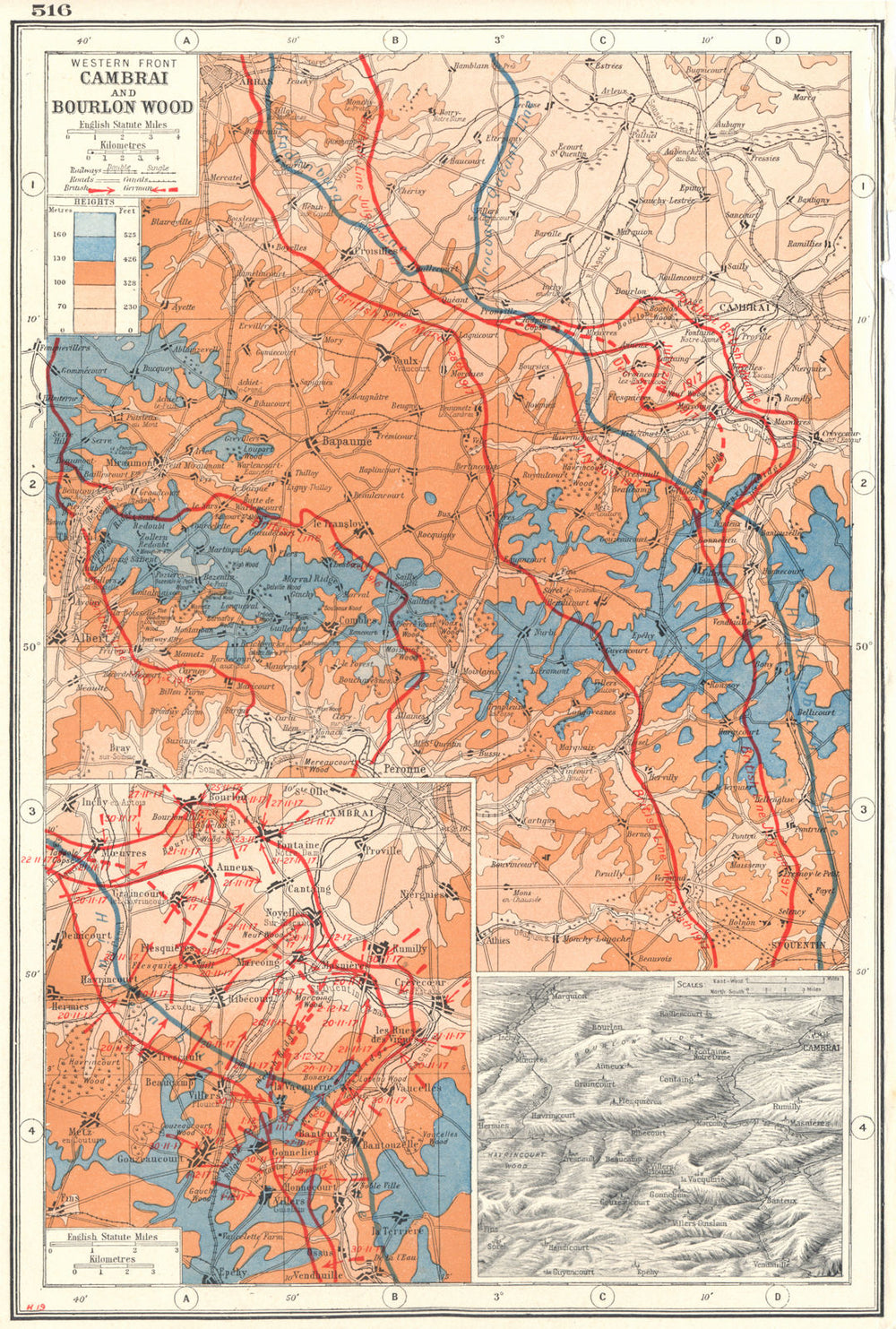 WORLD WAR 1.Western Front Cambrai & Bourlon wood battle lines 1916-17 1920 map