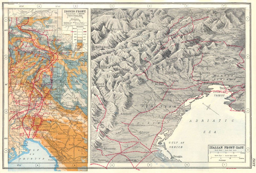 ITALY.Italian Front East;Isonzo Front. First World War 1 battle lines 1920 map