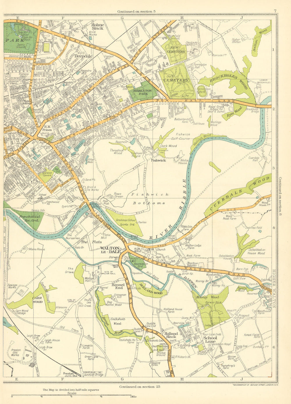PRESTON Walton-le-Dale Brockholes Wood Cuerdale Carr Holme Slack 1935 old map