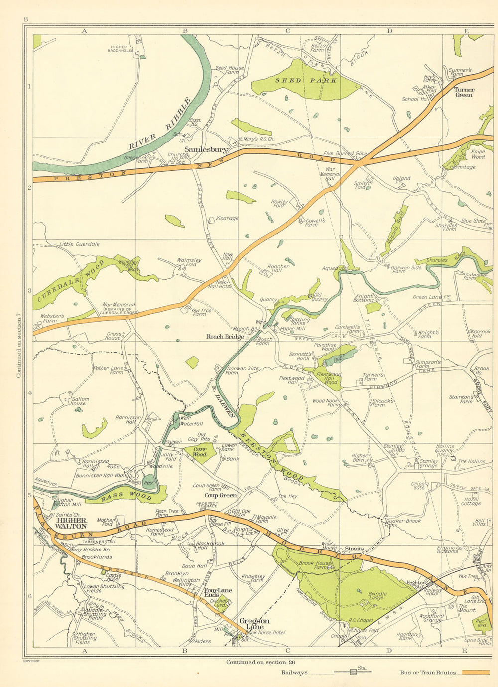 LANCASHIRE Samlesbury Turner Green Rass Wood Higher Walton Gregson Lane 1935 map