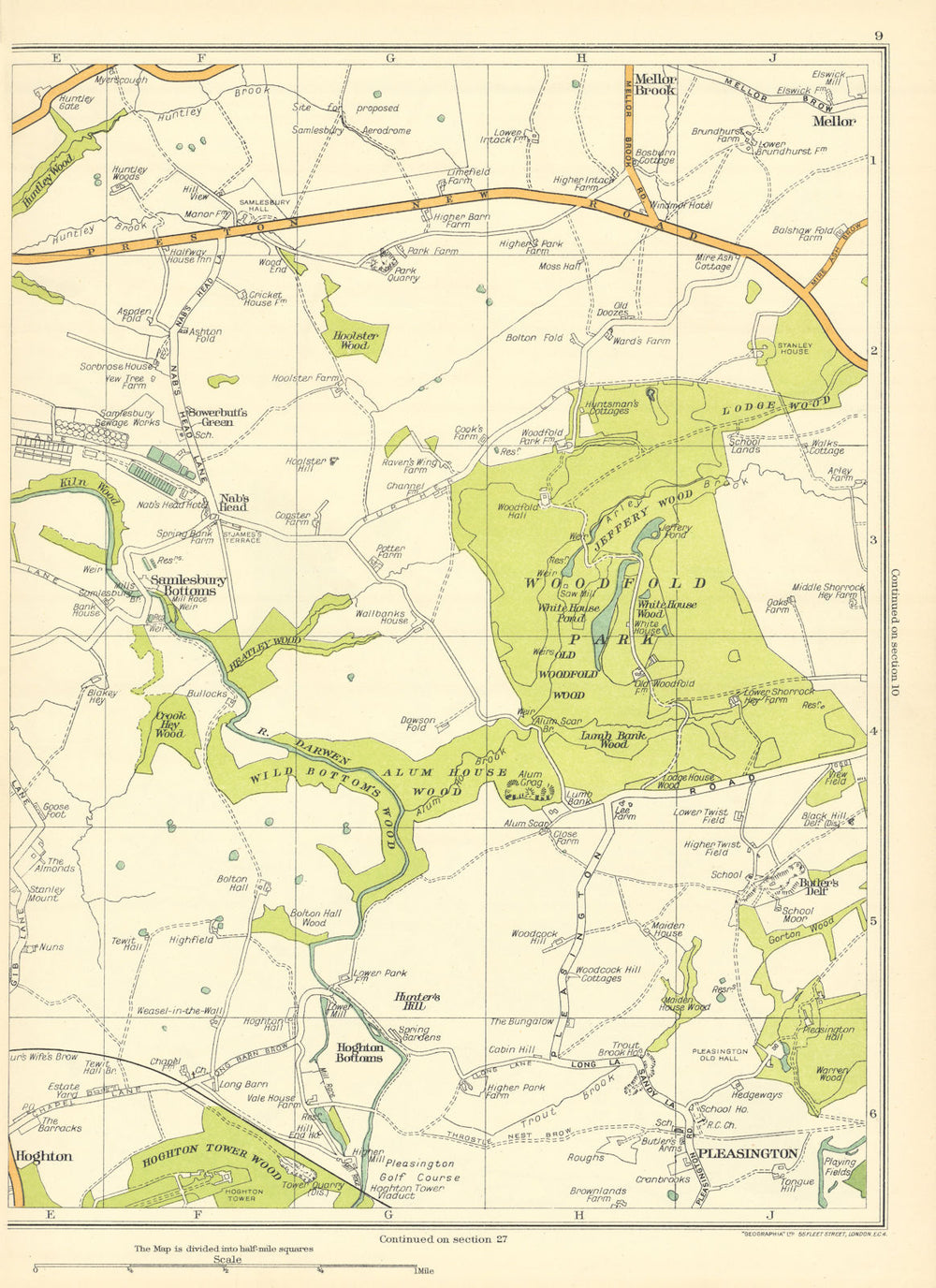 LANCASHIRE Samlesbury Bottoms Wood Hunter's Hill Hoghton Crook Hey 1935 map