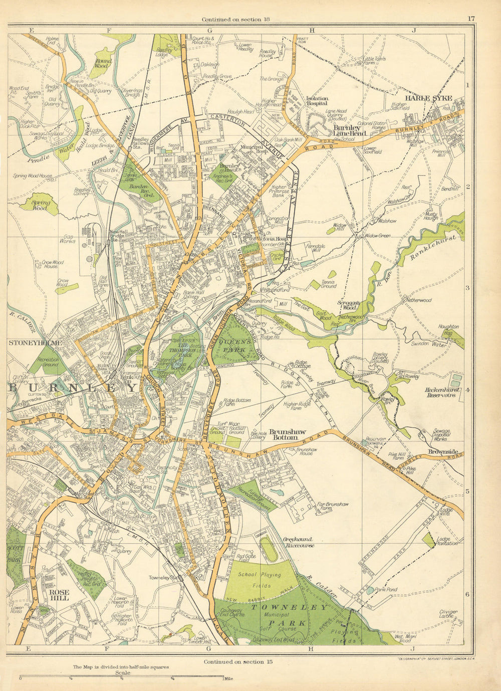 BURNLEY Burnley Rose Hill Brunshaw Bottom Stoneyholme Harle Syke 1935 old map