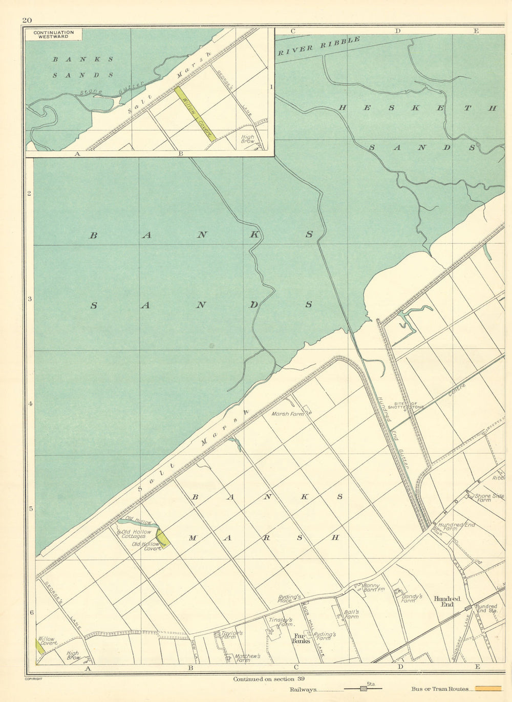 LANCASHIRE Ribble Banks Sands Salt Marsh Hundred End Far Banks 1935 old map