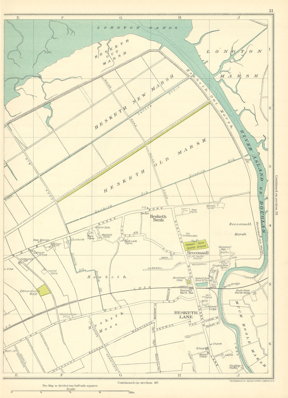 LANCS Hesketh Lane Old Marsh New Becconsall Much Hoole River Asland 1935 map
