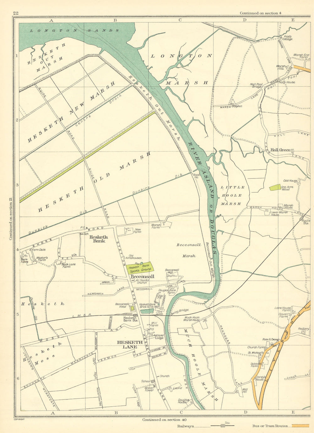 LANCASHIRE Hesketh Lane Old Marsh New Becconsall Moss River Asland 1935 map