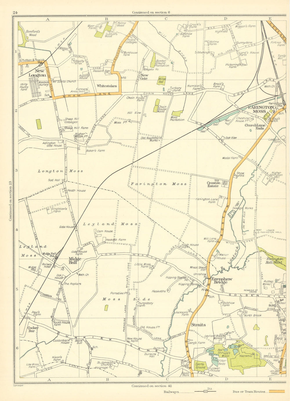 LANCS Leyland New Longton Midge Hall Earnshaw bridge Farington Moss 1935 map