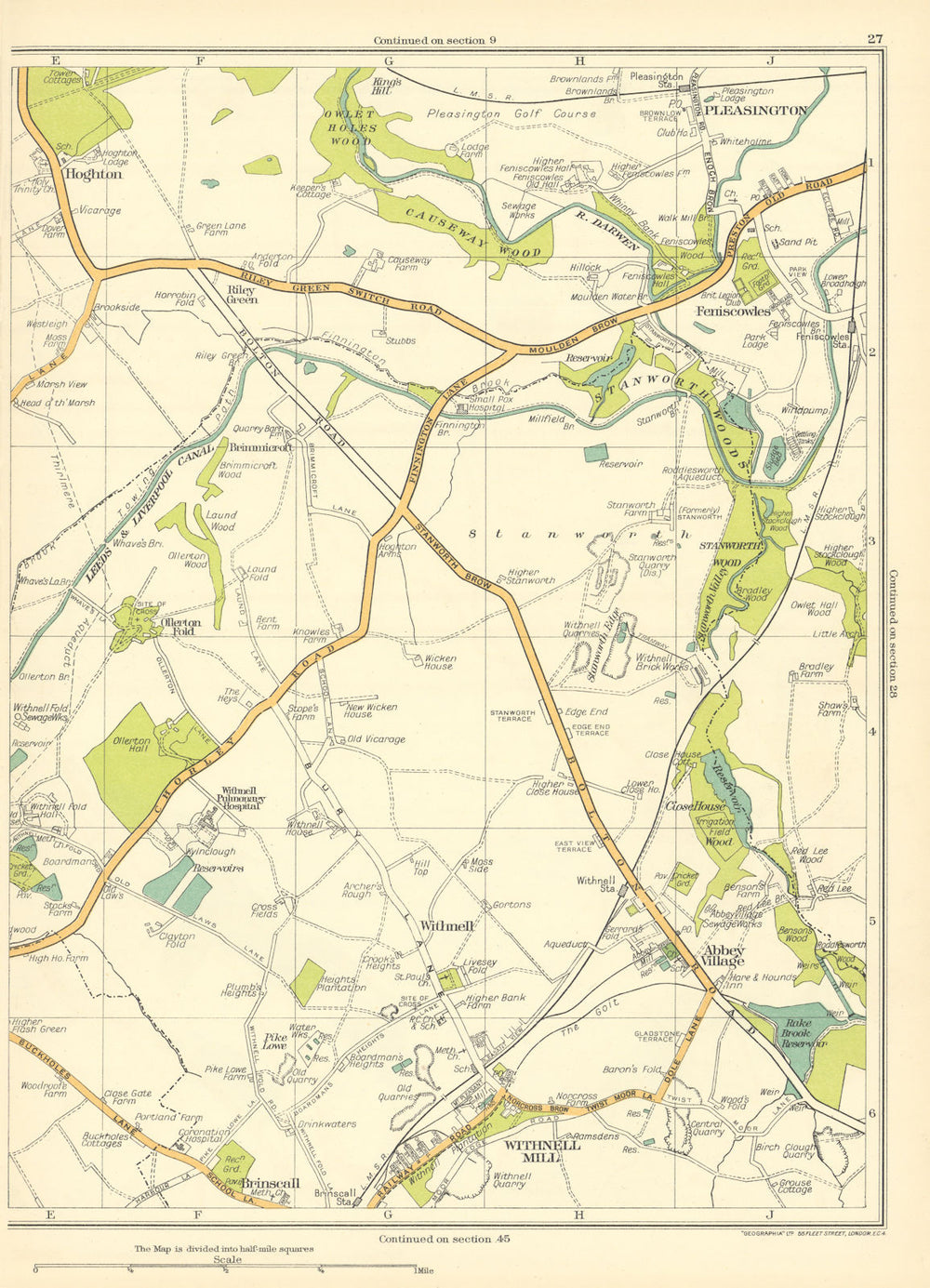 LANCASHIRE Hoghton Causeway Wood Brinscall Withnell Mill Abbey Village 1935 map