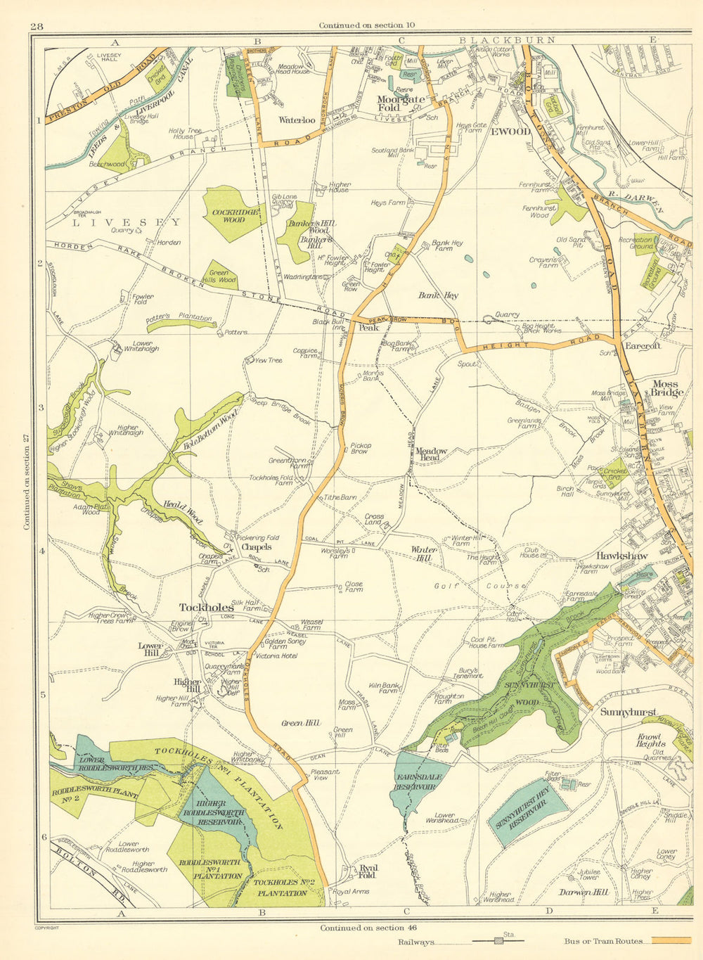 LANCS Darwen Liversey Moorgate Fold Ewood Tockholes Hawkshaw Ryal Fold 1935 map