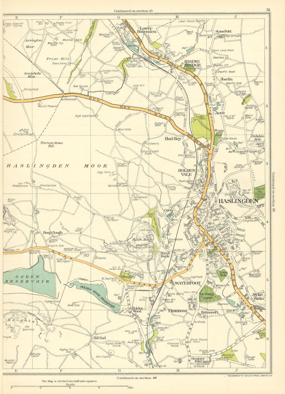 LANCASHIRE Haslingden Hud Hey Holden Vale Waterfoot Flaxmoss 1935 map