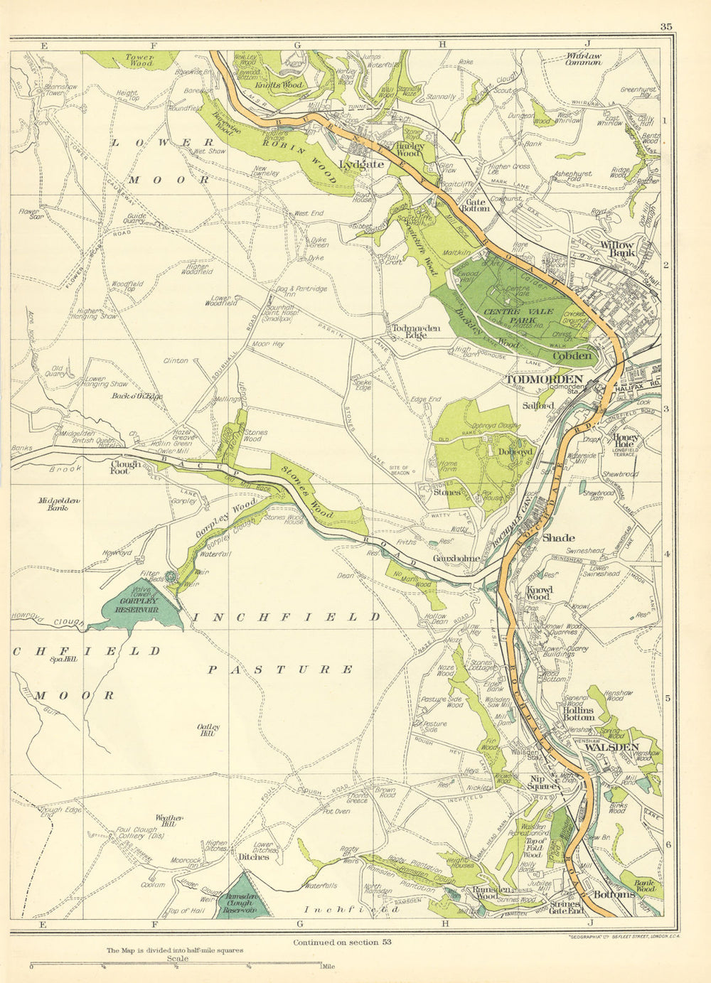 YORKSHIRE Walsden Lower Moor Inchfield Pasture Lydgate Todmorden Cobden 1935 map