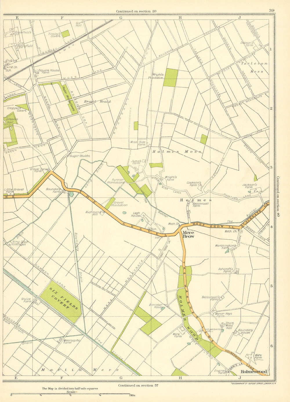LANCASHIRE 6 Fields Covert Mere Brow Holmeswood Holmes Moss Tarleton 1935 map