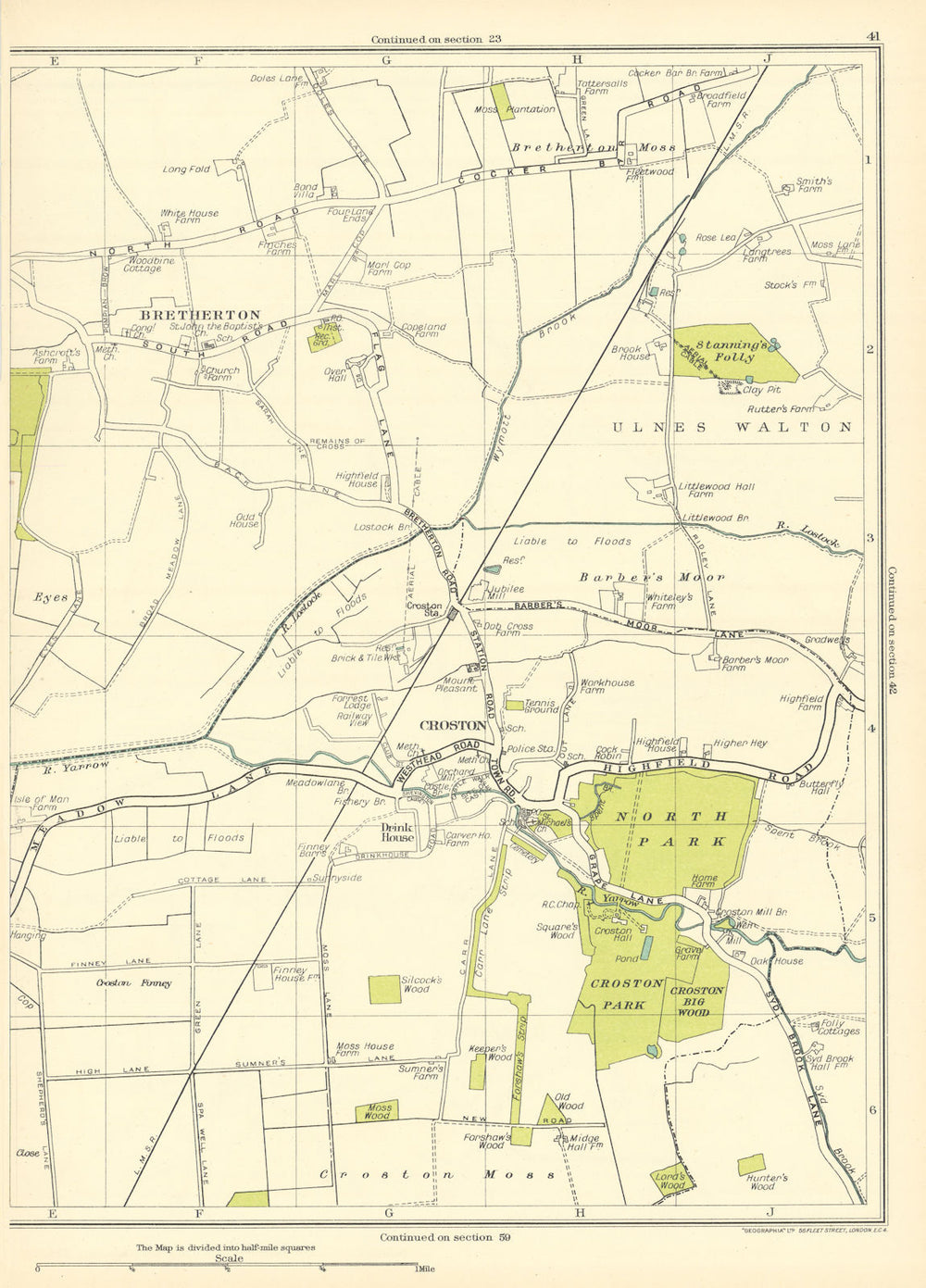 LANCASHIRE North Park Croston Park Bretherton Croston Ulnes Walton 1935 map