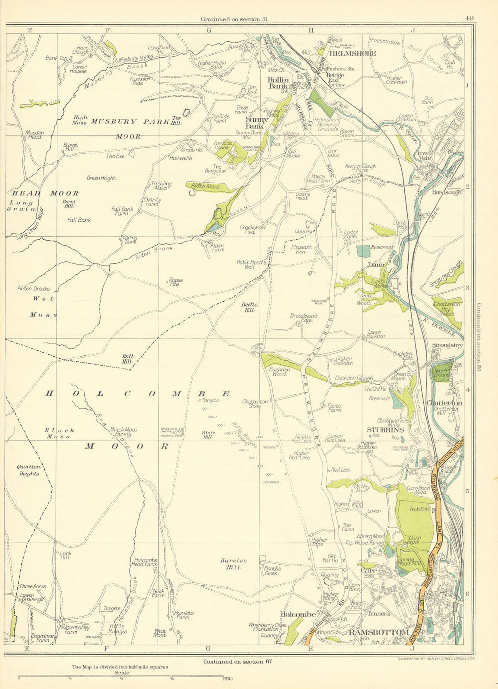 LANCASHIRE Holcombe Moor Ramsbottom Stubbins Chatterton Helmshore 1935 old map
